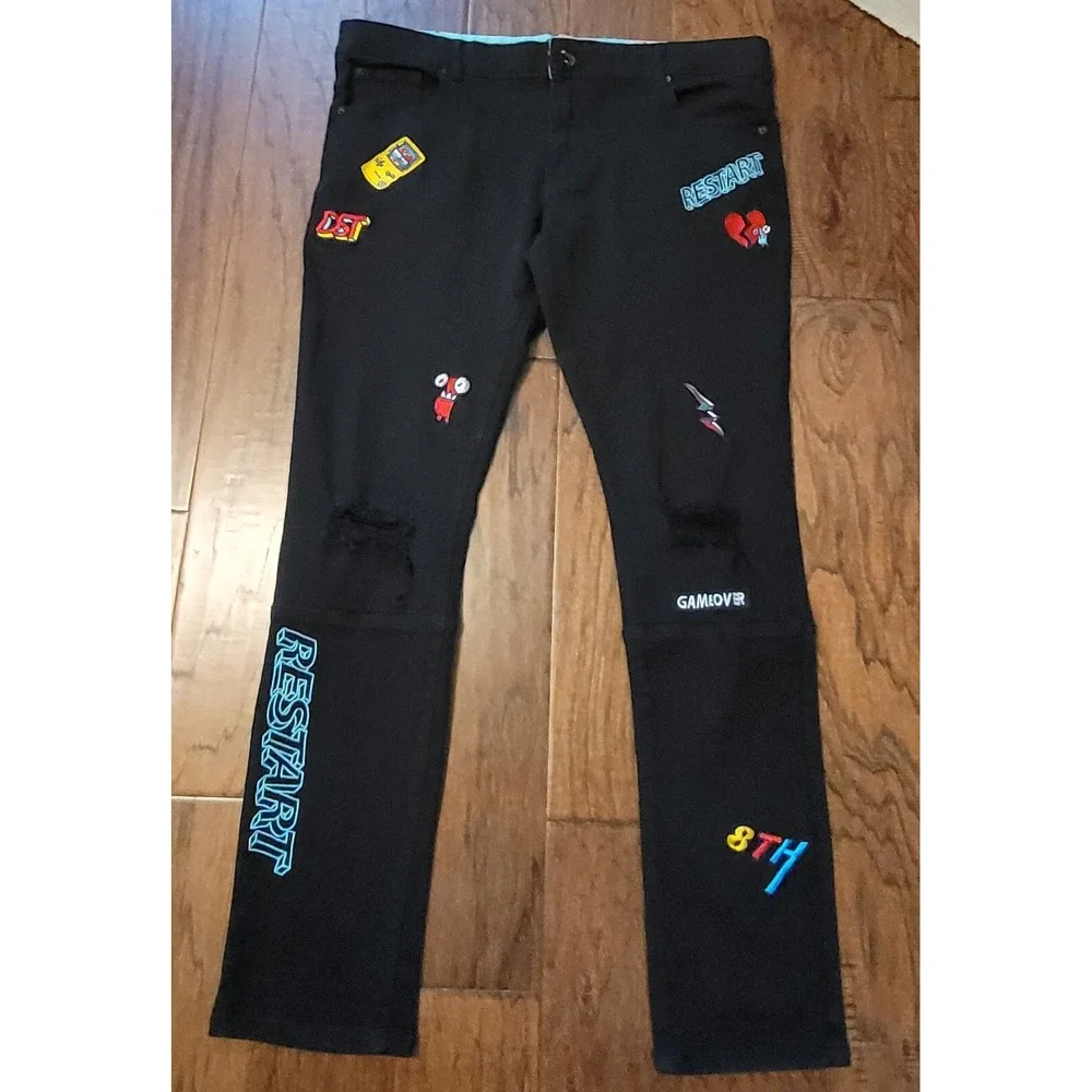 NWT 8ighth DSTRKT Men's Black GRAPHIC&EMBROIDERY SLIM Denim Jeans Size 36x32‎